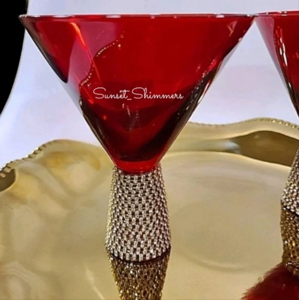 x4 RED & GOLD Glam Rhinestone Crystal Cocktail Bar MARTINI Glass Set New
